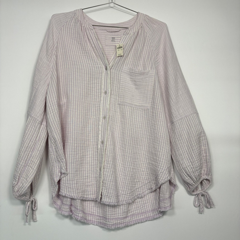 NWT Aerie Women Button Up Shirt XS Purple Striped Gauze Tie Cuff 078-1783-3732